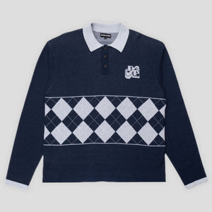 Pass~Port Tilde Stamp Knit Long-sleeve Polo - Navy