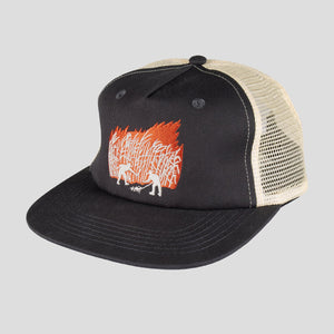 Pass~Port Brush Fire Workers Trucker Cap - Tar / Off White